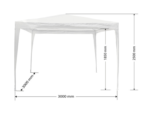 Abbildung eines Pavillons mit den Maßen 3000 mm x 3000 mm x 2500 mm und einer Durchgangshöhe von 1850 mm