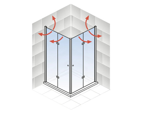 Eckdusche mit Pendeltüren und Belüftungsfunktion dargestellt.