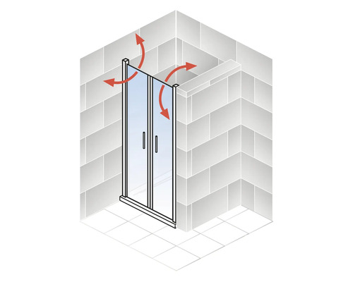 Illustration einer Duschtür mit Schwenkbereichsanzeige in einem Badezimmer