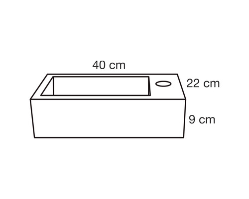 Skizze eines Waschbeckens mit den Maßen 40 x 22 x 9 cm.