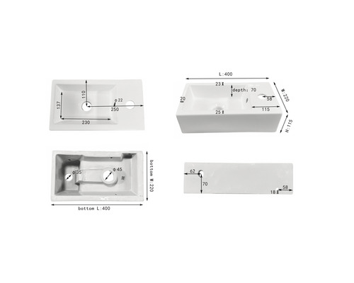 Technische Zeichnung eines weißen Waschtischs mit Maßangaben