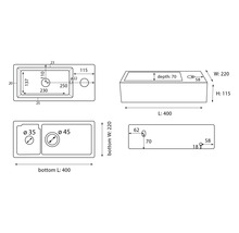 Zeichnung einer Spüle mit Maßangaben