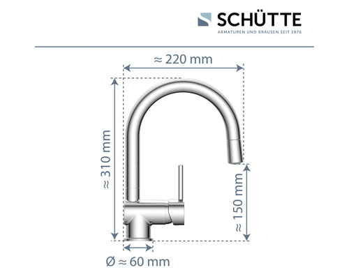 Schütte Logo, Armatur mit Maßen: Höhe circa 310 Millimeter, Ausladung circa 220 Millimeter, Auslaufhöhe circa 150 Millimeter, Durchmesser circa 60 Millimeter