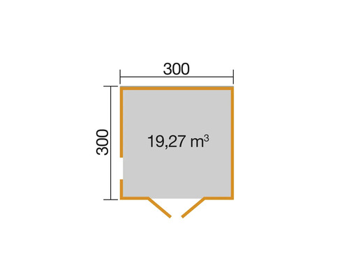 Grundrisszeichnung eines Gartenhauses mit den Maßen 300 mal 300 Zentimeter und einem Volumen von 19,27 Kubikmetern