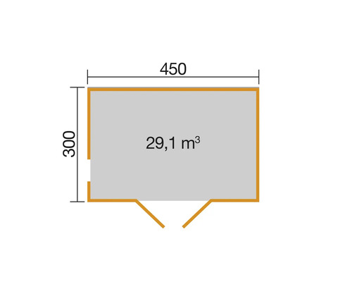 Grundriss eines Gartenhauses mit den Maßen 450 x 300 cm und einem Rauminhalt von 29,1 Kubikmetern