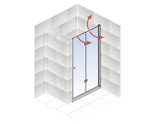 Ecke einer gefliesten Dusche mit Glasduschkabine und roten Pfeilen, die die Luftzirkulation darstellen