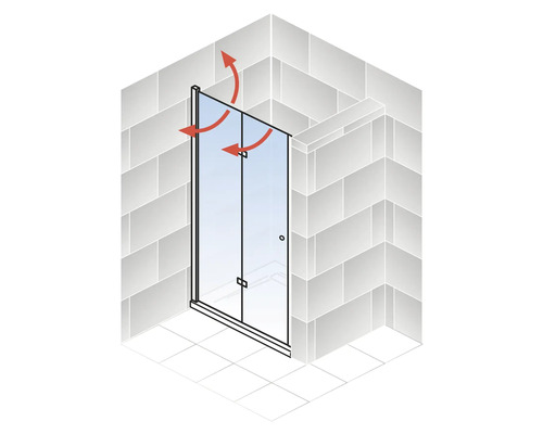 Duschabtrennung mit Pendeltür in Badezimmer dargestellt