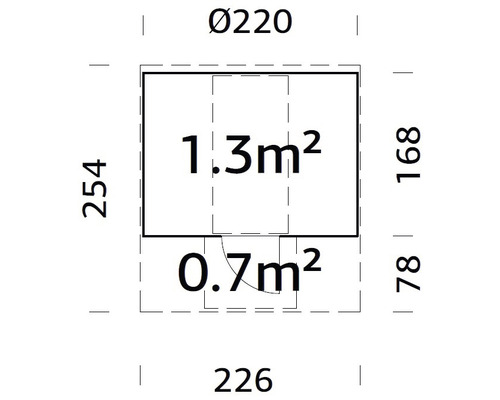 Grundrisszeichnung mit Flächenangaben und Abmessungen.