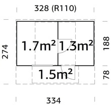 Grundriss mit Flächenangaben in Quadratmetern und Maßangaben in Zentimetern