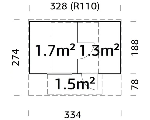 Grundriss mit Flächenangaben in Quadratmetern und Maßangaben in Zentimetern