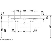 Technische Zeichnung des Happy D.2 Waschtisches mit Maßangaben
