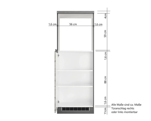 Maße eines Hochschranks mit Türanschlag rechts oder links montierbar