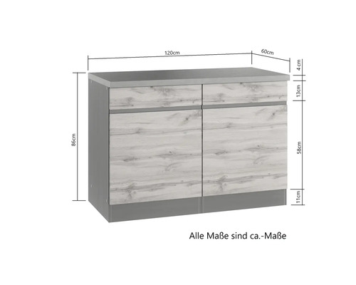 Unterschrank mit Schubladen und Türen, Maße sind dargestellt