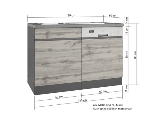 Unterschrank für Spüle und Geschirrspüler mit Maßen