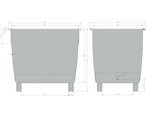 Technische Zeichnung einer Badewanne mit Maßangaben