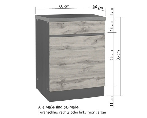 Küchenunterschrank mit Schubladen und Maßangaben