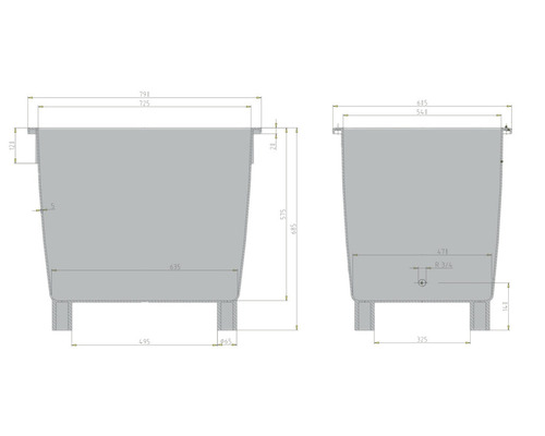 Technische Zeichnung eines Pflanzgefäßes mit Maßangaben