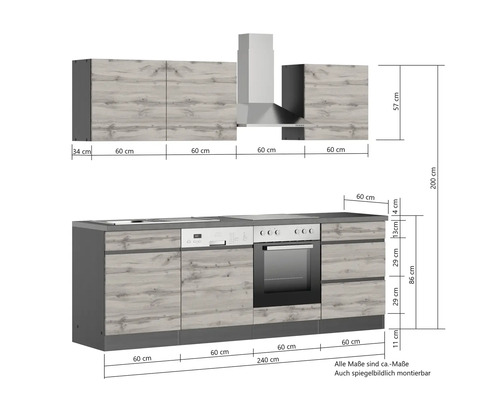 Küche mit Elektrogeräten und Maßangaben