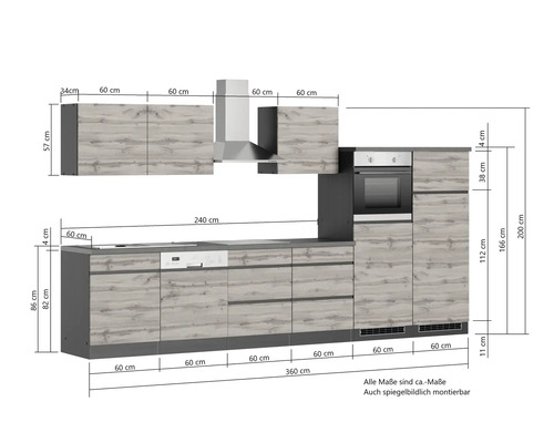 Küchenzeile mit Spüle, Geschirrspüler, Herd und Dunstabzugshaube mit Maßangaben