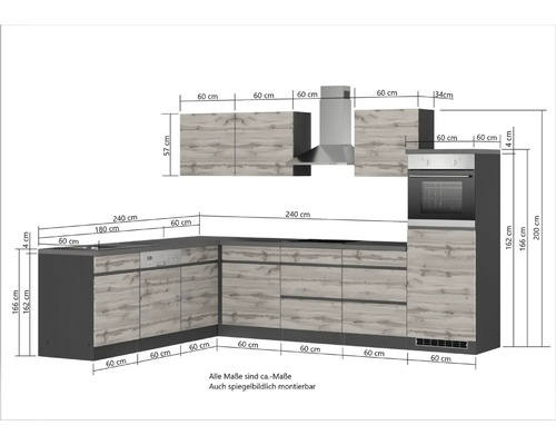 Küchenansicht mit Maßangaben