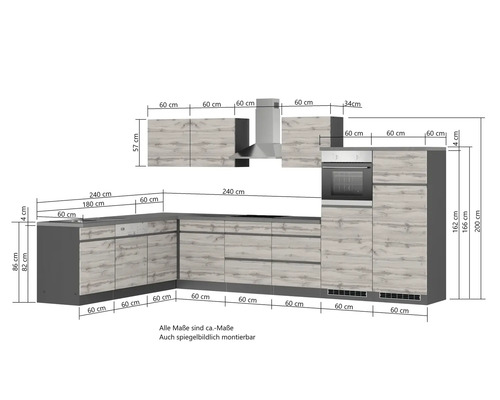 Abbildung einer Einbauküche mit Maßen.