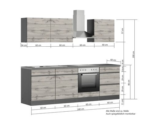 Küchenzeile mit Hängeschränken, Dunstabzugshaube, Spüle, Herd und Backofen mit Maßangaben