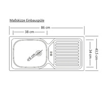 Maßskizze einer Einbauspüle mit den Maßen 86 mal 43,5 Zentimeter.