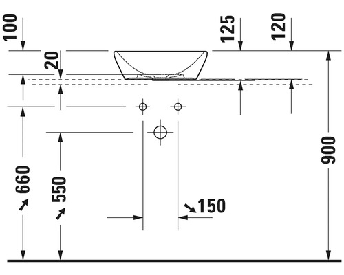 Technische Zeichnung eines Aufsatzwaschbeckens mit Maßangaben