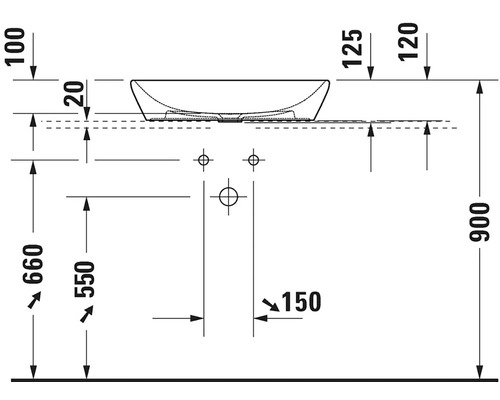 Technische Zeichnung eines Waschbeckens mit Maßangaben