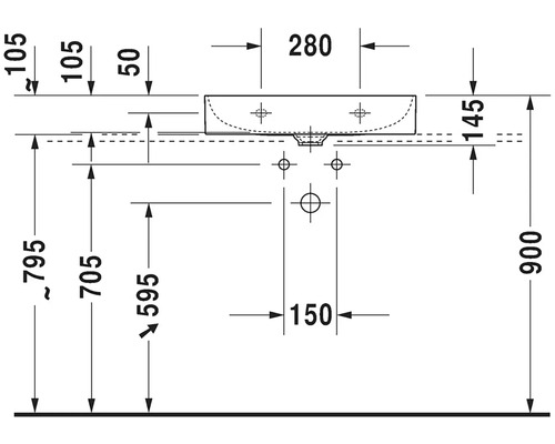 Technische Zeichnung eines Waschtisches mit Maßangaben