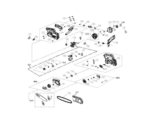 Explosionszeichnung einer Kettensäge, die die Anordnung der Teile zeigt