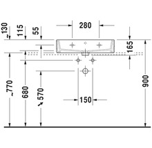 Maßzeichnung eines Waschbeckens mit den Maßen Höhe 900 mm, Breite 280 mm und Tiefe 165 mm.