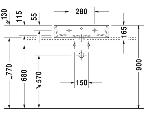 Maßzeichnung eines Waschbeckens mit den Maßen Höhe 900 mm, Breite 280 mm und Tiefe 165 mm.