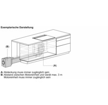 Illustration of a kitchen cabinet with a visible motor unit and duct