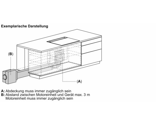 Illustration of a kitchen cabinet with a visible motor unit and duct