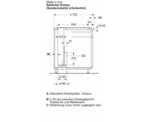 Technische Zeichnung mit Maßangaben für einen nahtlosen Einbau