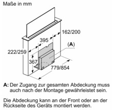 Maßzeichnung einer Dunstabzugshaube mit Maßangaben in Millimeter.