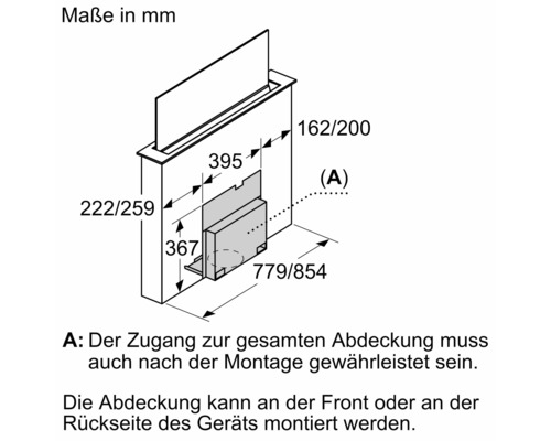 Maßzeichnung einer Dunstabzugshaube mit Maßangaben in Millimeter.