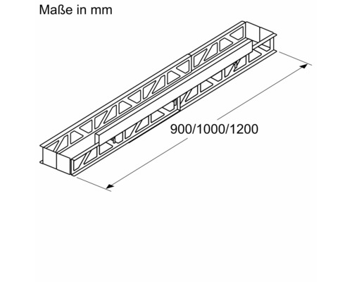 Technische Zeichnung eines Montageständers mit einer Länge von 900, 1000 oder 1200 Millimeter.