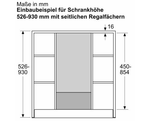 Einbaubeispiel für Schrankhöhe mit seitlichen Regalfächern und Maßangaben in Millimeter