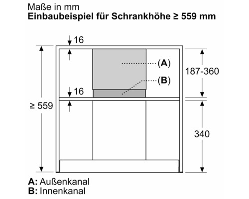 Einbaubeispiel für eine Schrankhöhe von mindestens 559 Millimeter, Maße in Millimeter, Außenkanal und Innenkanal.