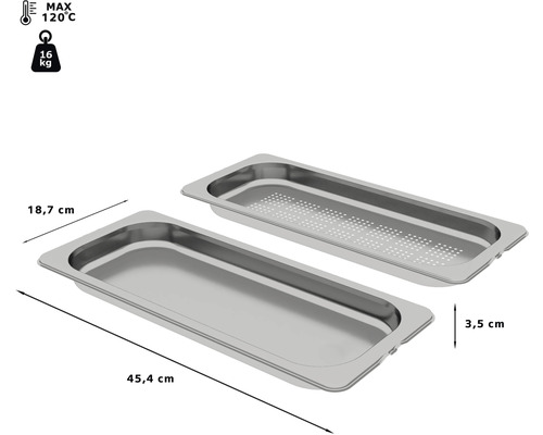 Zwei Gastronormbehälter aus Edelstahl, einer mit Löchern, Abmessungen 45,4 x 18,7 x 3,5 cm, maximale Temperaturbeständigkeit 120 Grad, maximale Belastung 16 Kilogramm