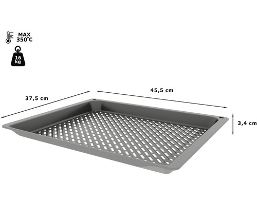 Emailliertes Backblech mit den Maßen 45,5 x 37,5 x 3,4 cm, maximal 350 Grad Celsius und maximal 16 kg Last