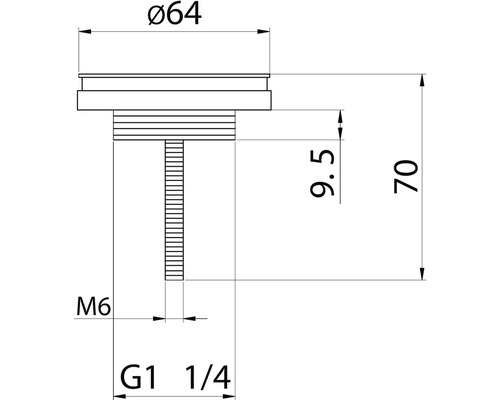 Technische Zeichnung eines Ventils mit den Maßen Durchmesser 64, 9.5 und 70, Gewinde M6 und G1 1/4