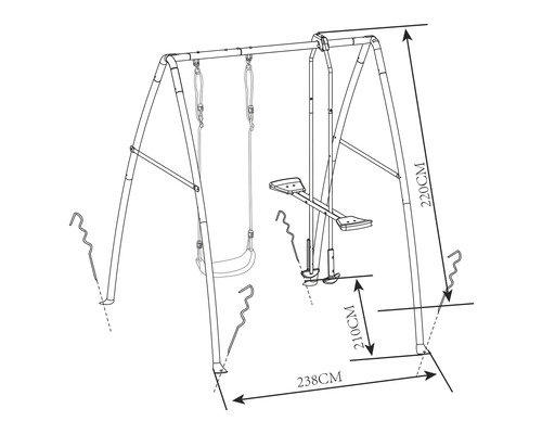 Skizze einer Kinderschaukel mit den Maßen 220 cm Höhe, 238 cm Länge und 210 cm Abstand des Pedals vom Boden.