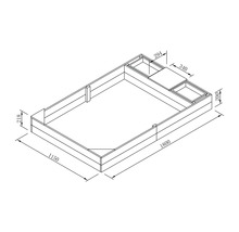 Technische Zeichnung eines Hochbeets mit den Maßen 1800 x 1150 x 218 Millimeter und Pflanzkasten mit den Maßen 340 x 294 x 200 Millimeter