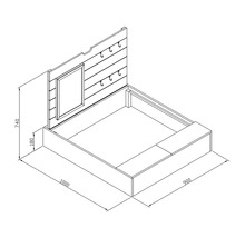 Technische Zeichnung eines Sandkastens mit den Maßen 1000 x 900 x 180 x 740 Millimeter, inklusive Haken und Rahmen