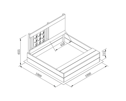 Technische Zeichnung eines Sandkastens mit den Maßen 1000 x 1000 x 655 mm
