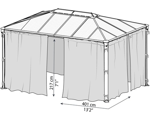 Pavillon mit Vorhängen und Maßangaben
