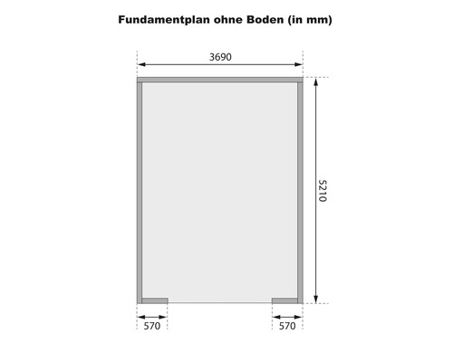 Fundamentplan ohne Boden mit den Maßen 3690 mal 5210 Millimeter und zwei Sockeln von je 570 Millimeter Breite.